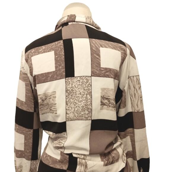 Y2K Silky Blouse Sz 10 Abstract Colorblock Patchwork Geo Button up Office Career - Picture 8 of 13